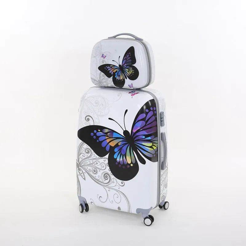 14 24Inch(2 Pieces/Set)Girl Pc Butterfly Trolley Luggage Set,Woman Fashion Travel Luggage Bags