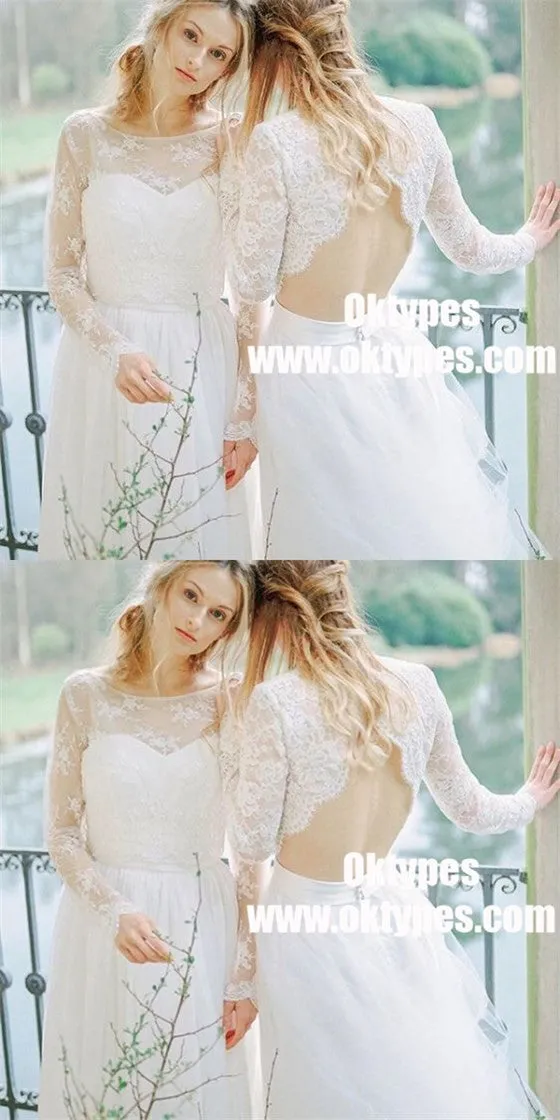 A-Line Round Neck Open Back Tulle wedding Dress with Lace Sleeves, TYP0900