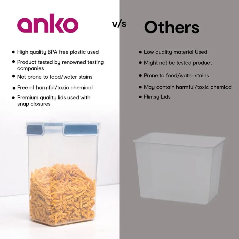 Anko 1.5 L BPA-free Leak-proof Airtight Plastic Storage Container/Jar With Lockable Lids-Pack of 6|Storage Container/Pasta With Spill-proof Lid|Containers Ideal for Pasta, Nuts, Cookies & Cereals