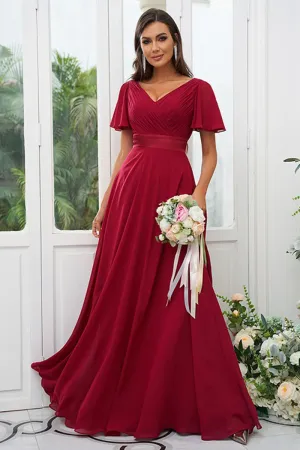 B4044 - V-Neck Short Sleeves Ruched Chiffon A-Line Bridesmaid Dress