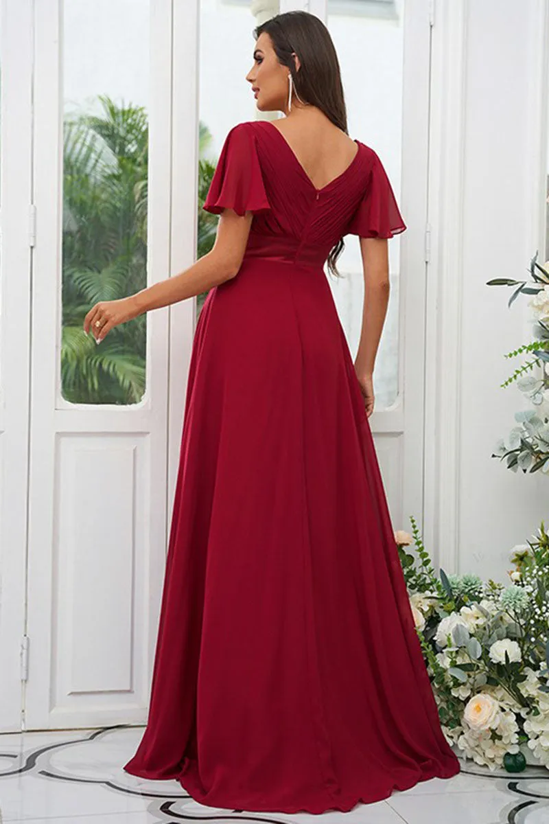 B4044 - V-Neck Short Sleeves Ruched Chiffon A-Line Bridesmaid Dress