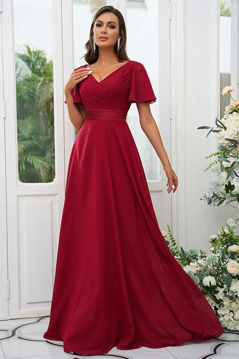 B4044 - V-Neck Short Sleeves Ruched Chiffon A-Line Bridesmaid Dress