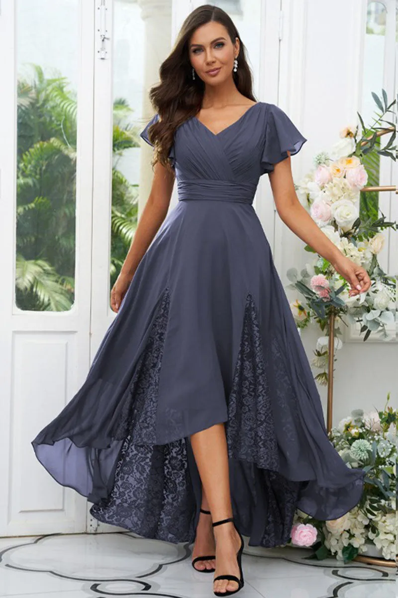 B4065 - V-Neck Cap Sleeves Lace Chiffon A-Line Midi Bridesmaid Dress