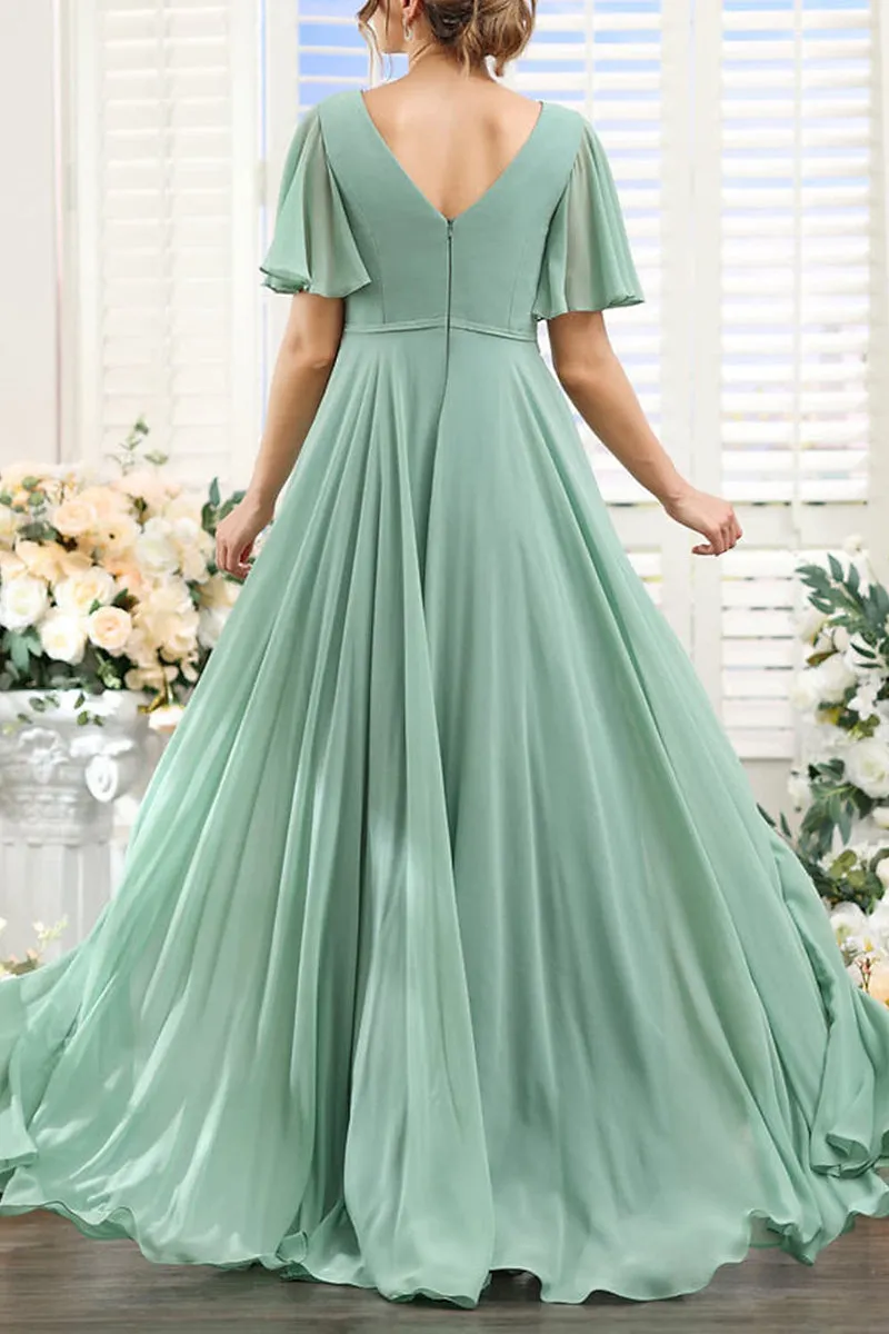 B4139 - V-Neck Short Sleeves Ruched Chiffon A-Line Long Bridesmaid Dress