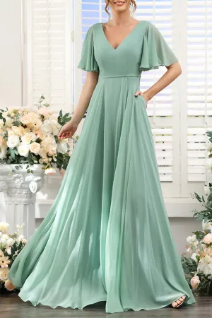 B4139 - V-Neck Short Sleeves Ruched Chiffon A-Line Long Bridesmaid Dress