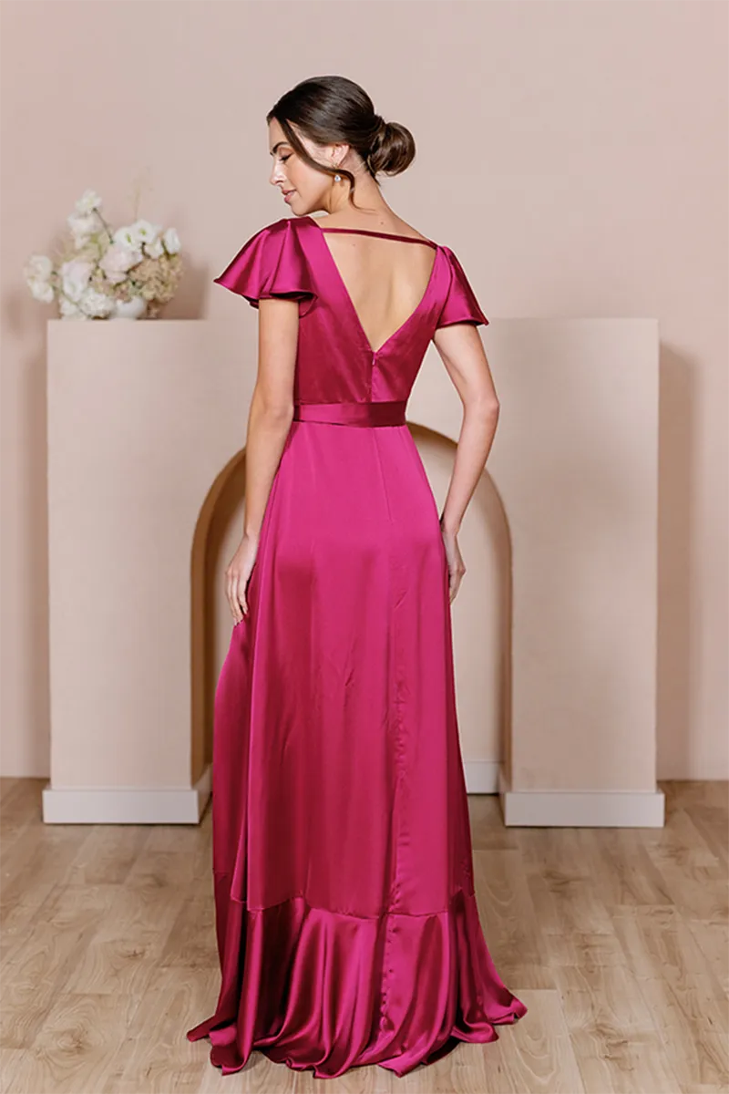 B4158 - V-Neck Cap Sleeves Satin A-Line Long Bridesmaid Dress With Slit