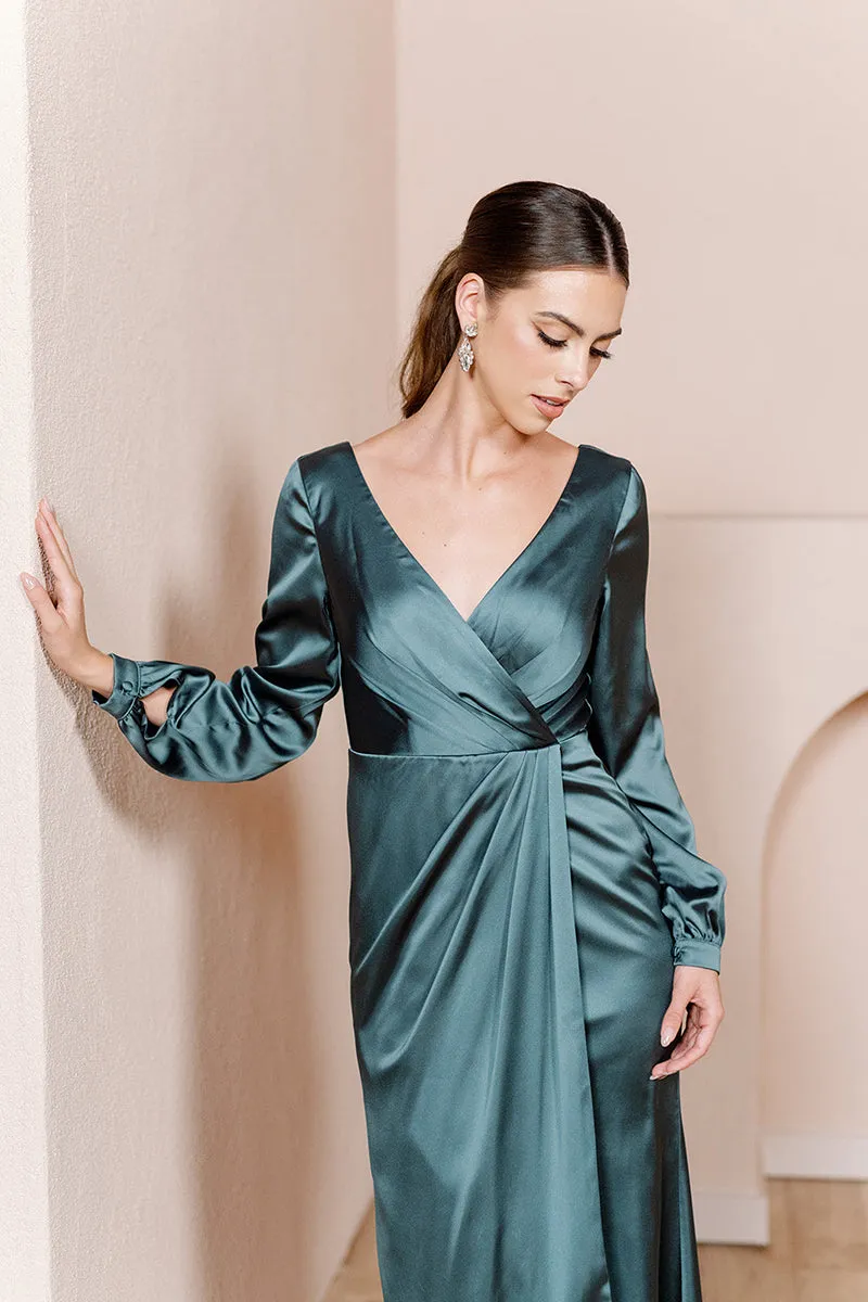 B4160 - V-Neck Long Sleeves Ruched Satin Sheath Bridesmaid Dress