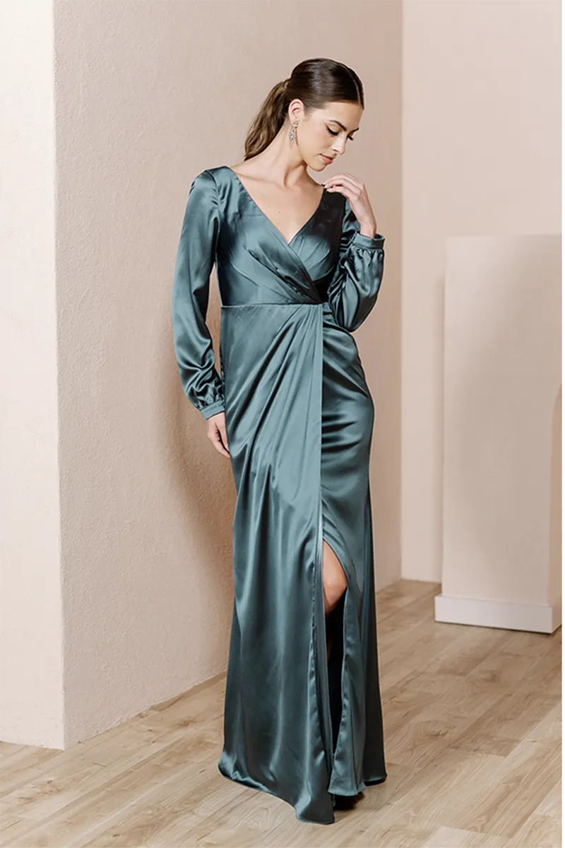 B4160 - V-Neck Long Sleeves Ruched Satin Sheath Bridesmaid Dress