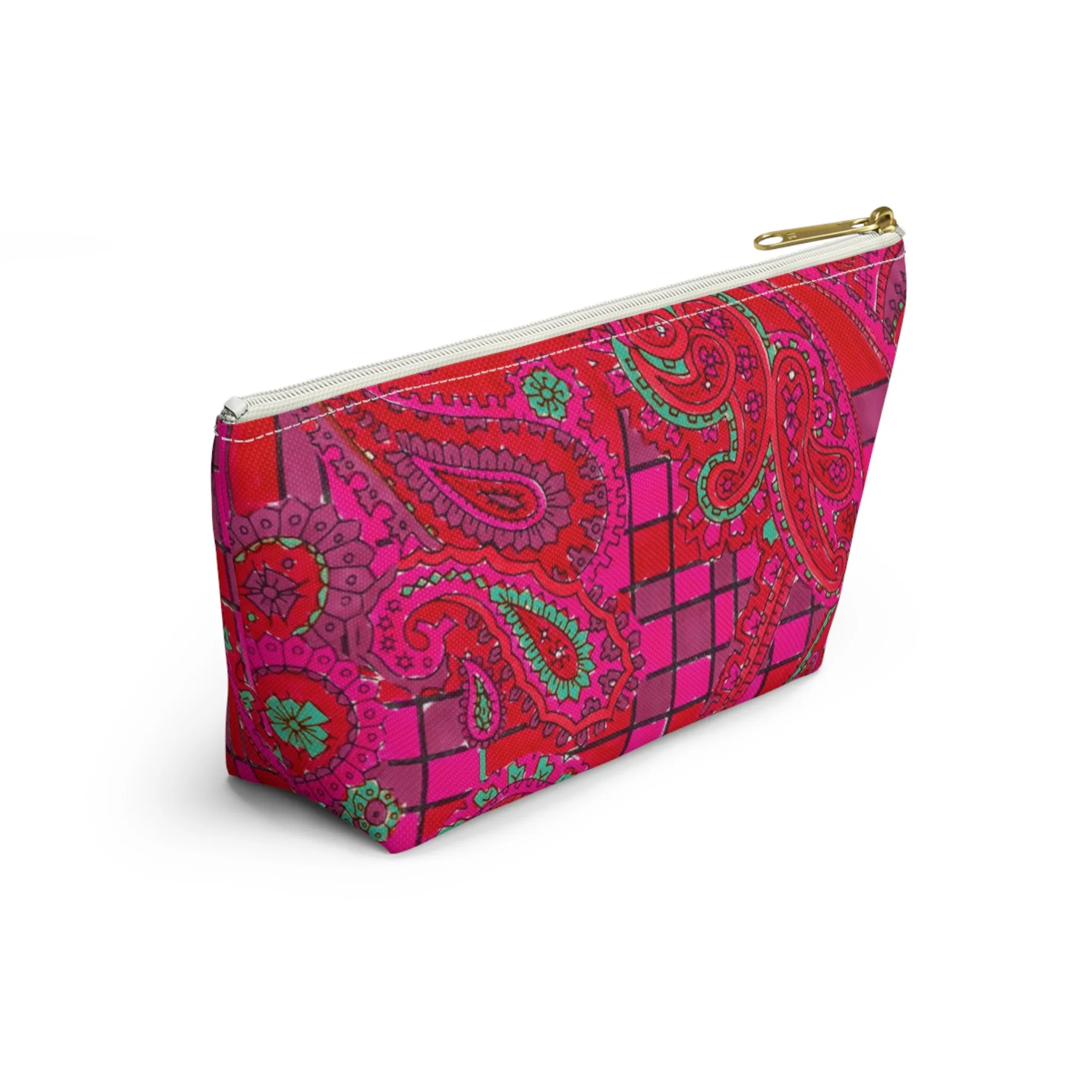 Bright Fuscia and Red Poppy Paisley on Plaid Accessory Pouch w T-bottom