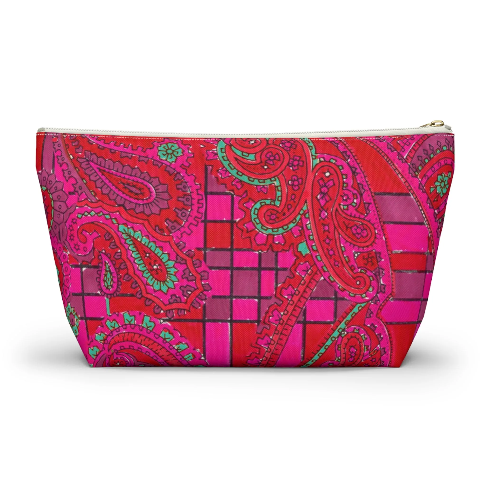 Bright Fuscia and Red Poppy Paisley on Plaid Accessory Pouch w T-bottom