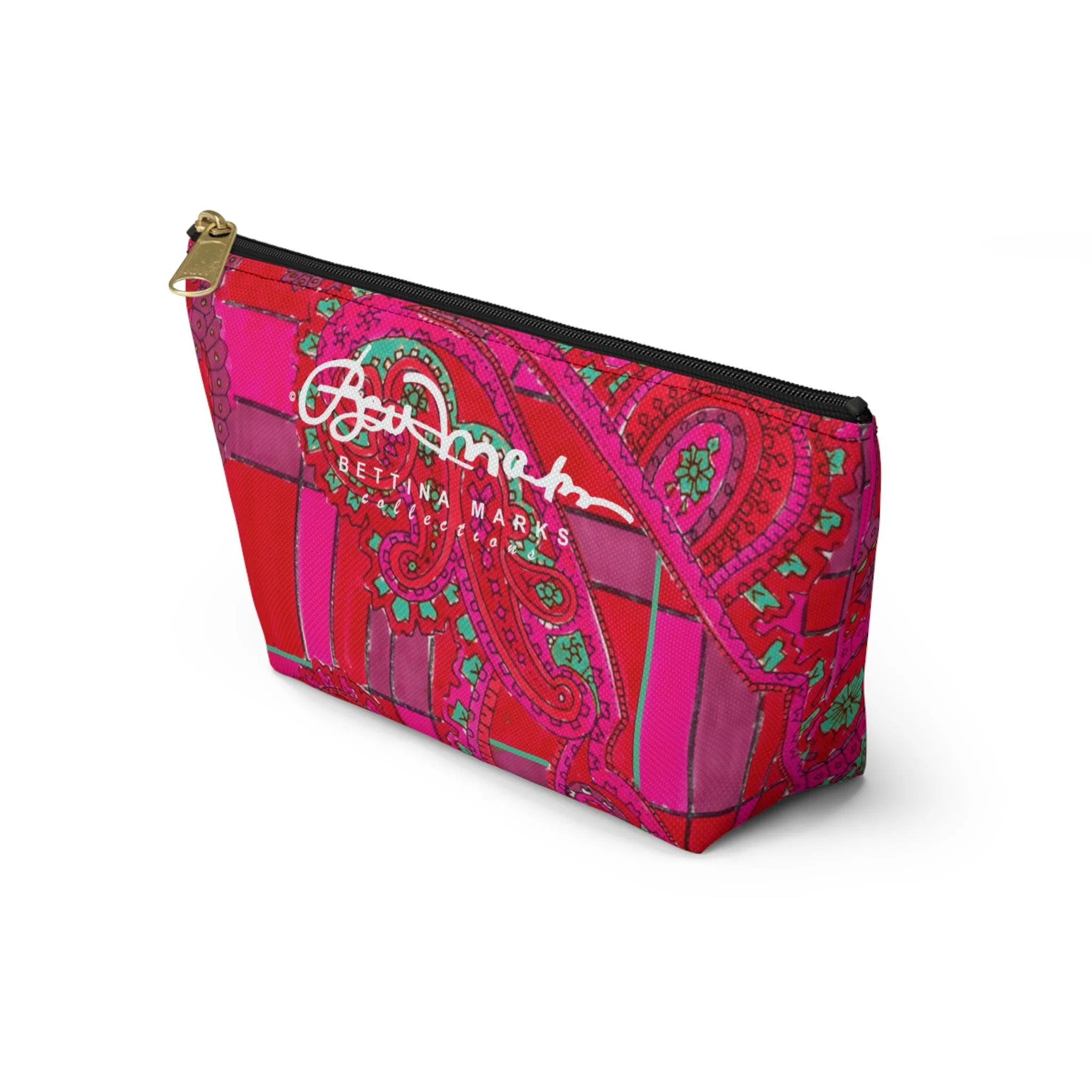 Bright Fuscia and Red Poppy Paisley on Plaid Accessory Pouch w T-bottom