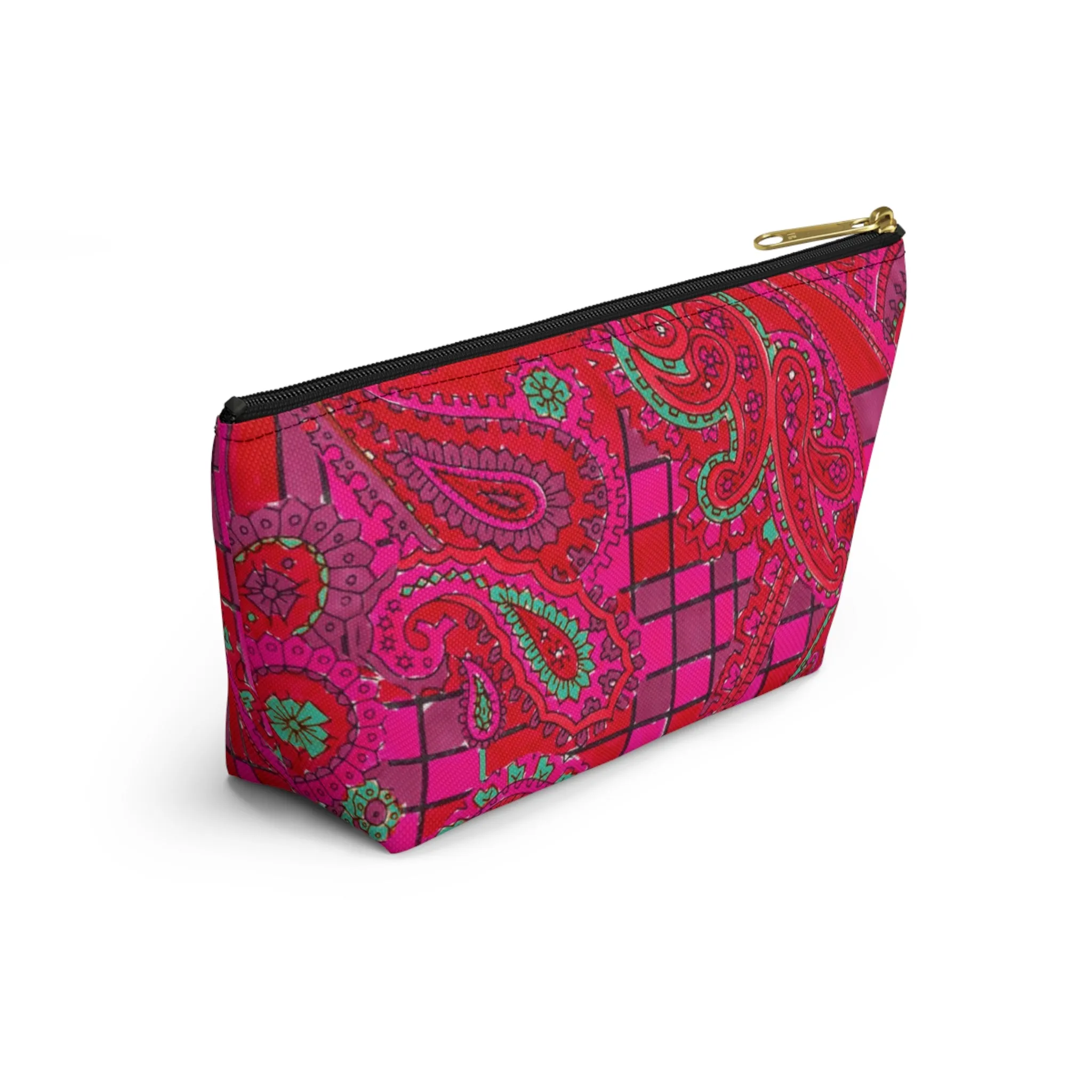 Bright Fuscia and Red Poppy Paisley on Plaid Accessory Pouch w T-bottom