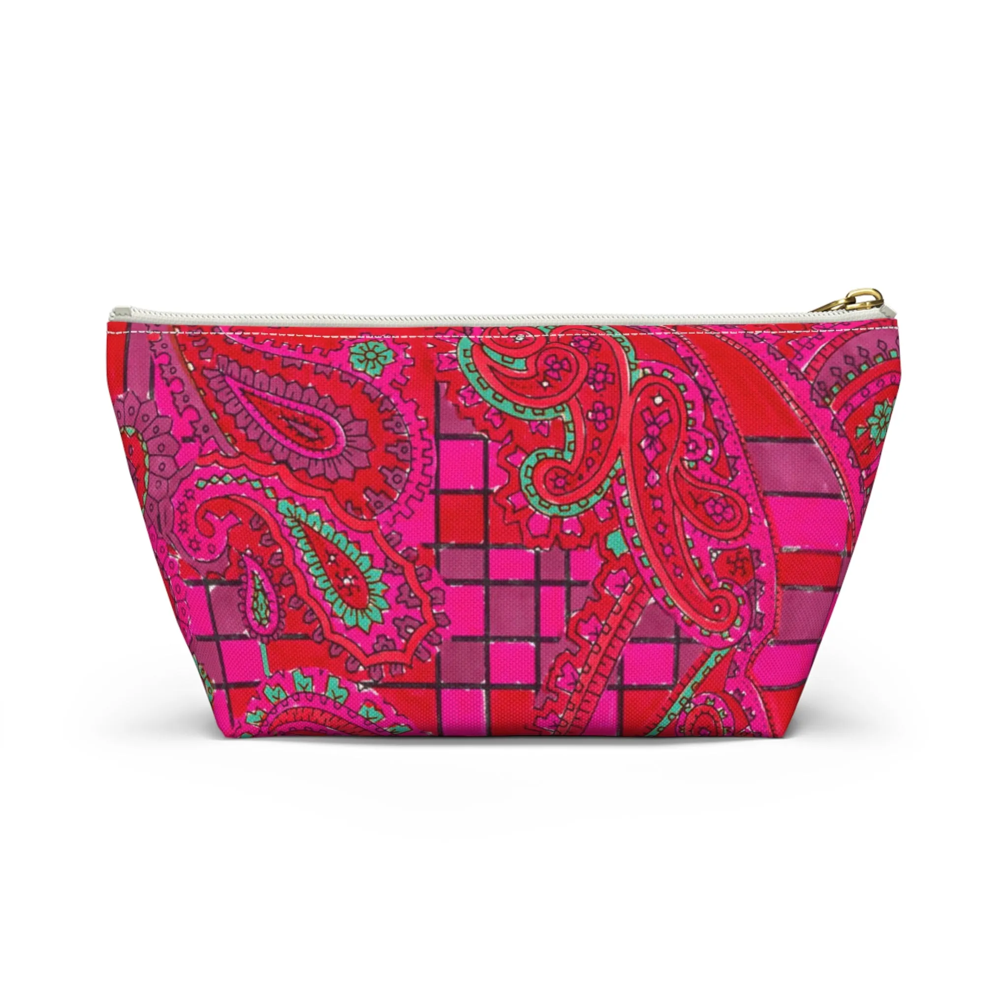 Bright Fuscia and Red Poppy Paisley on Plaid Accessory Pouch w T-bottom