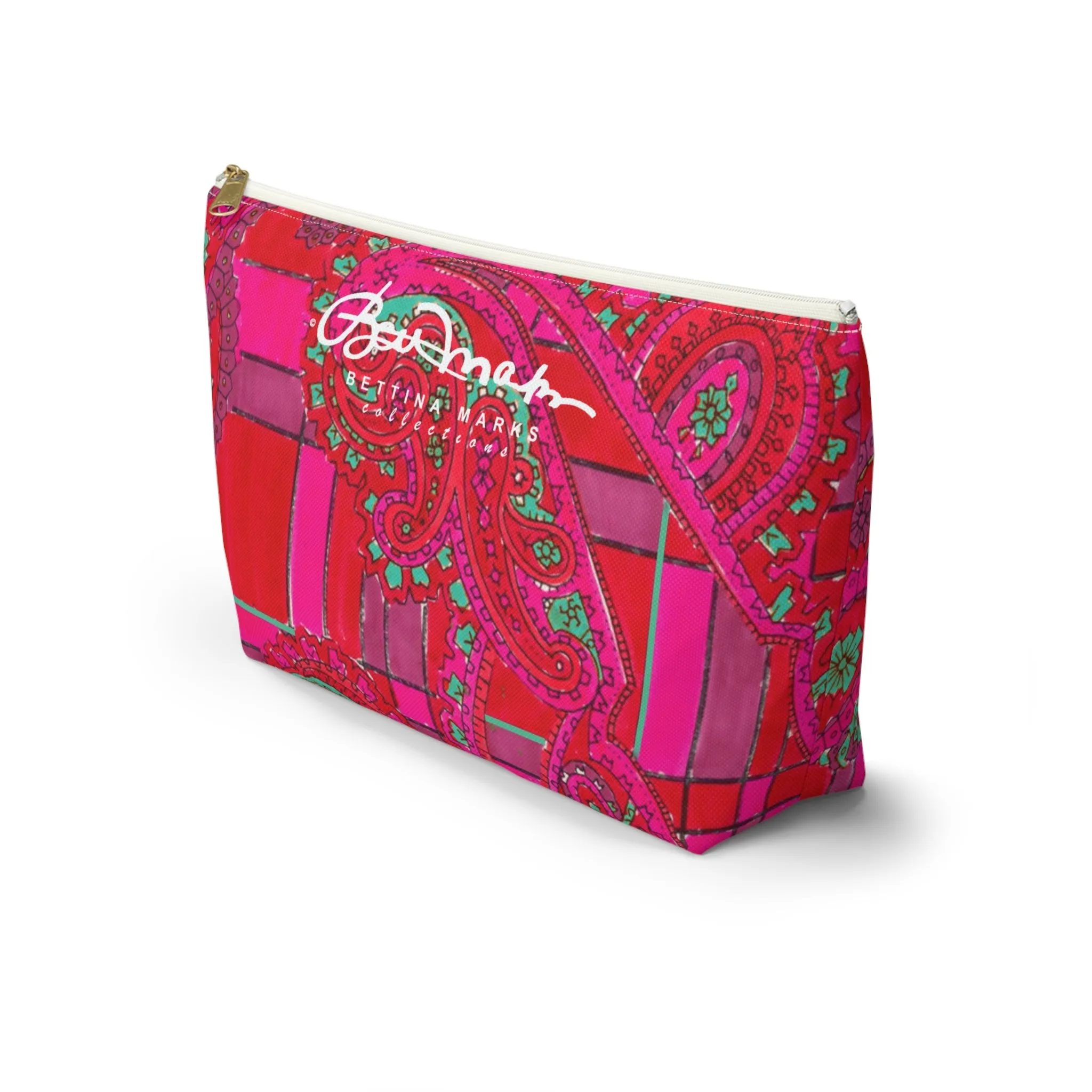 Bright Fuscia and Red Poppy Paisley on Plaid Accessory Pouch w T-bottom