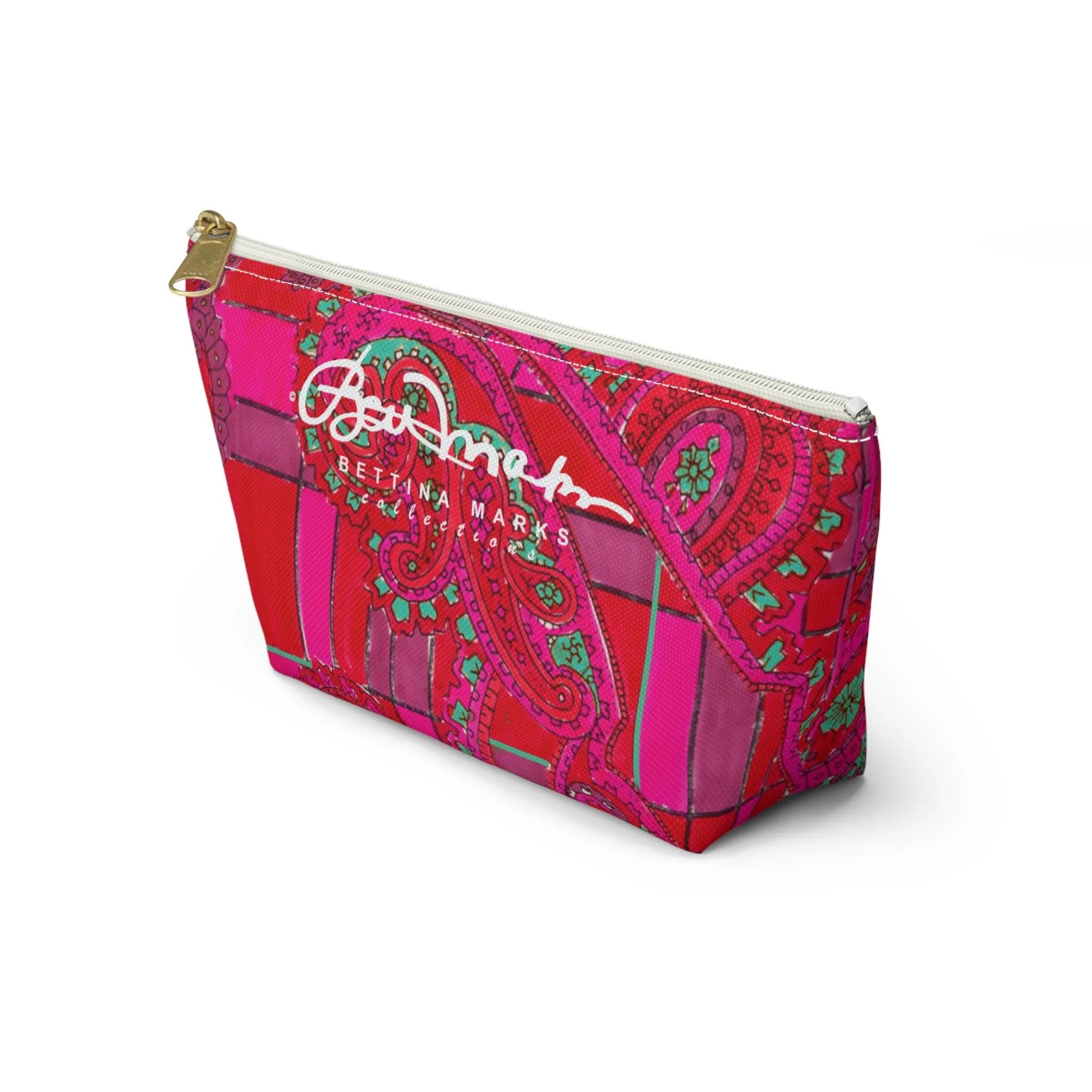 Bright Fuscia and Red Poppy Paisley on Plaid Accessory Pouch w T-bottom