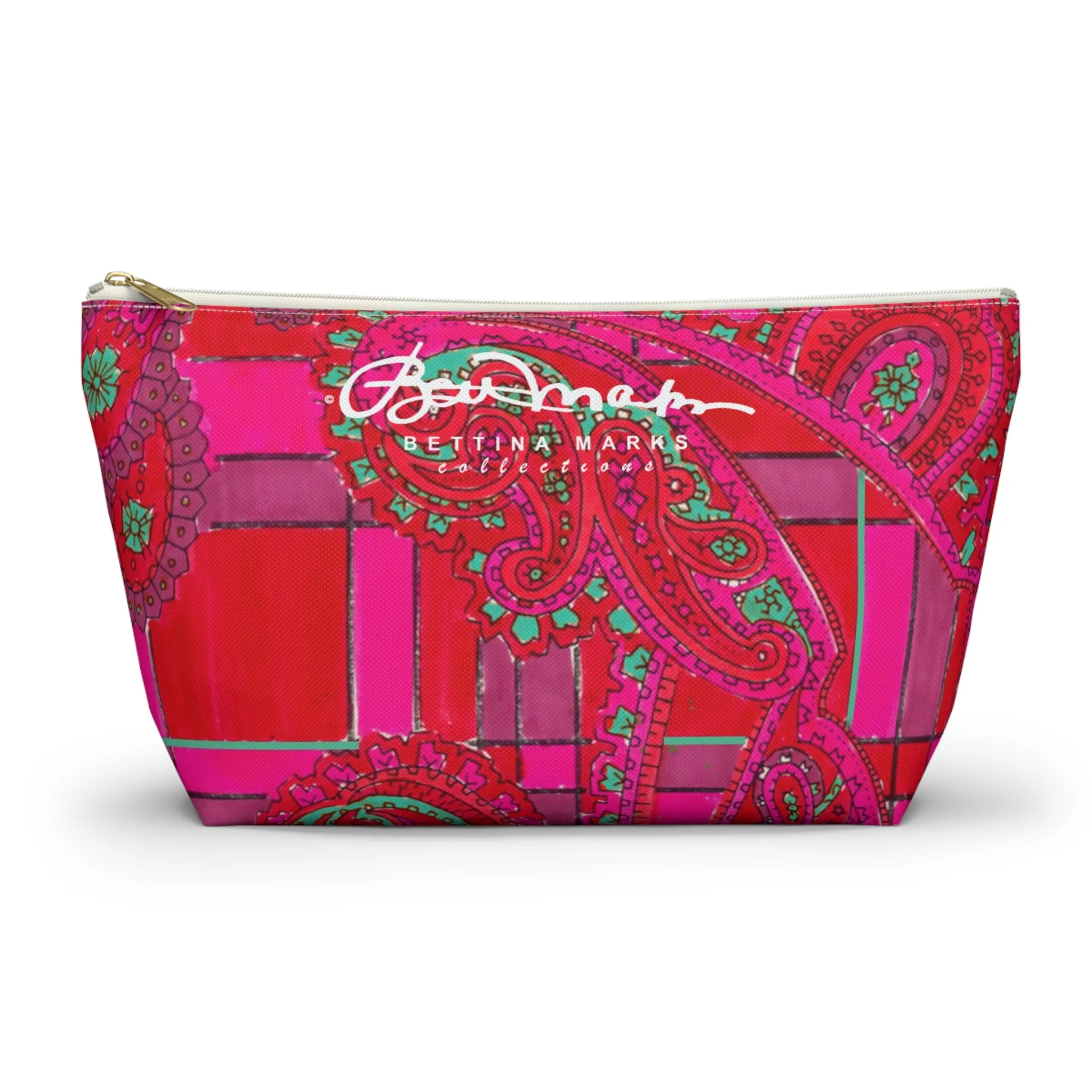 Bright Fuscia and Red Poppy Paisley on Plaid Accessory Pouch w T-bottom