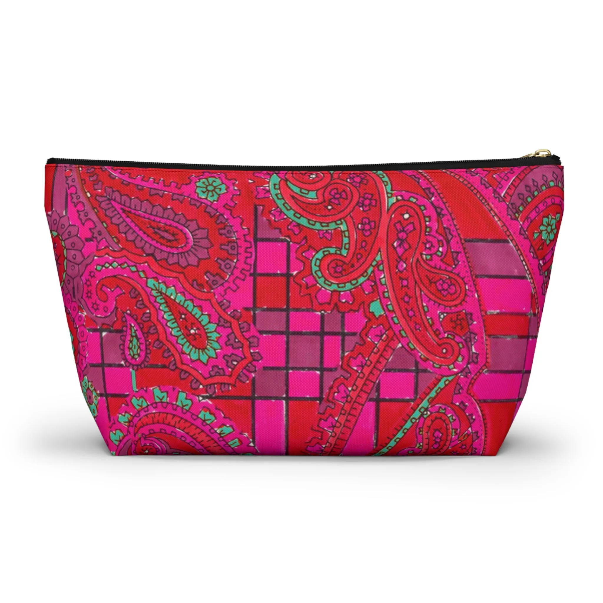 Bright Fuscia and Red Poppy Paisley on Plaid Accessory Pouch w T-bottom