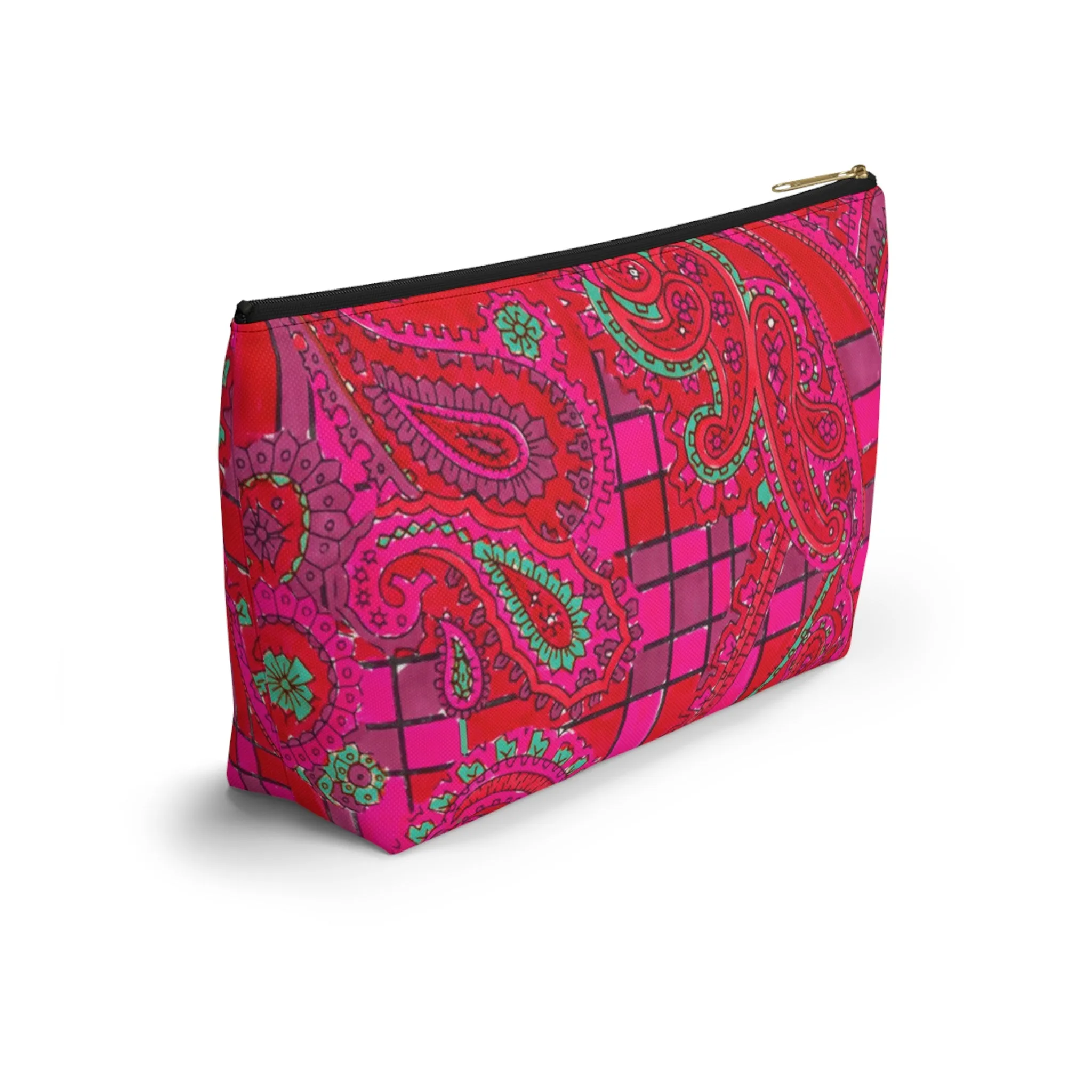 Bright Fuscia and Red Poppy Paisley on Plaid Accessory Pouch w T-bottom