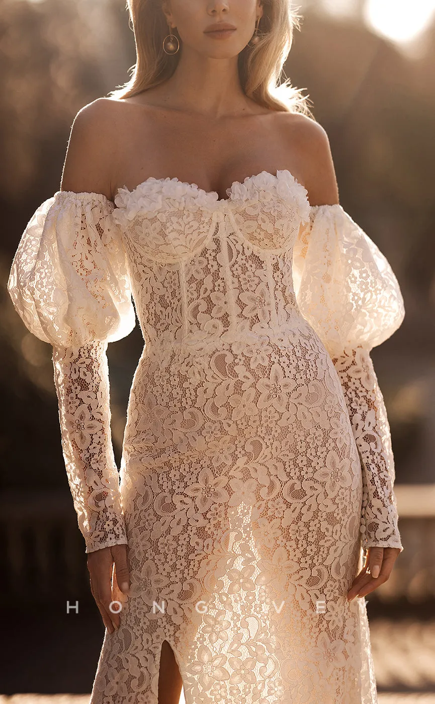 H1078 - Sexy Lace Strapless Sweetheart Long Sleeve Illusion Cutout Wedding Dress