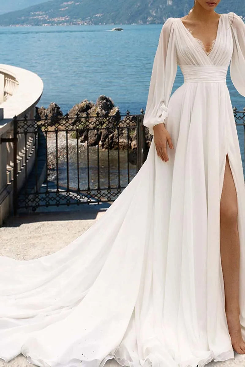 K1338 - V-Neck Long Sleeves Sheer Ruched Tulle A-Line Long Wedding Dress