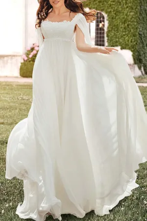 K1343 - Square Neck Cap Sleeves Lace Appliqued Tulle A-Line Long Wedding Dress