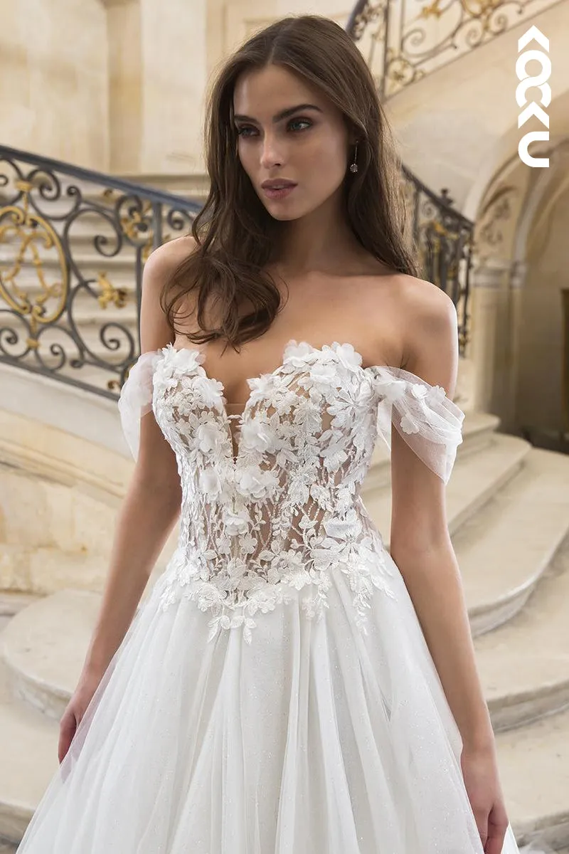 K1957 - Elegant Off-Shoulder Cap Sleeves A-line Applique Tulle Wedding Dress