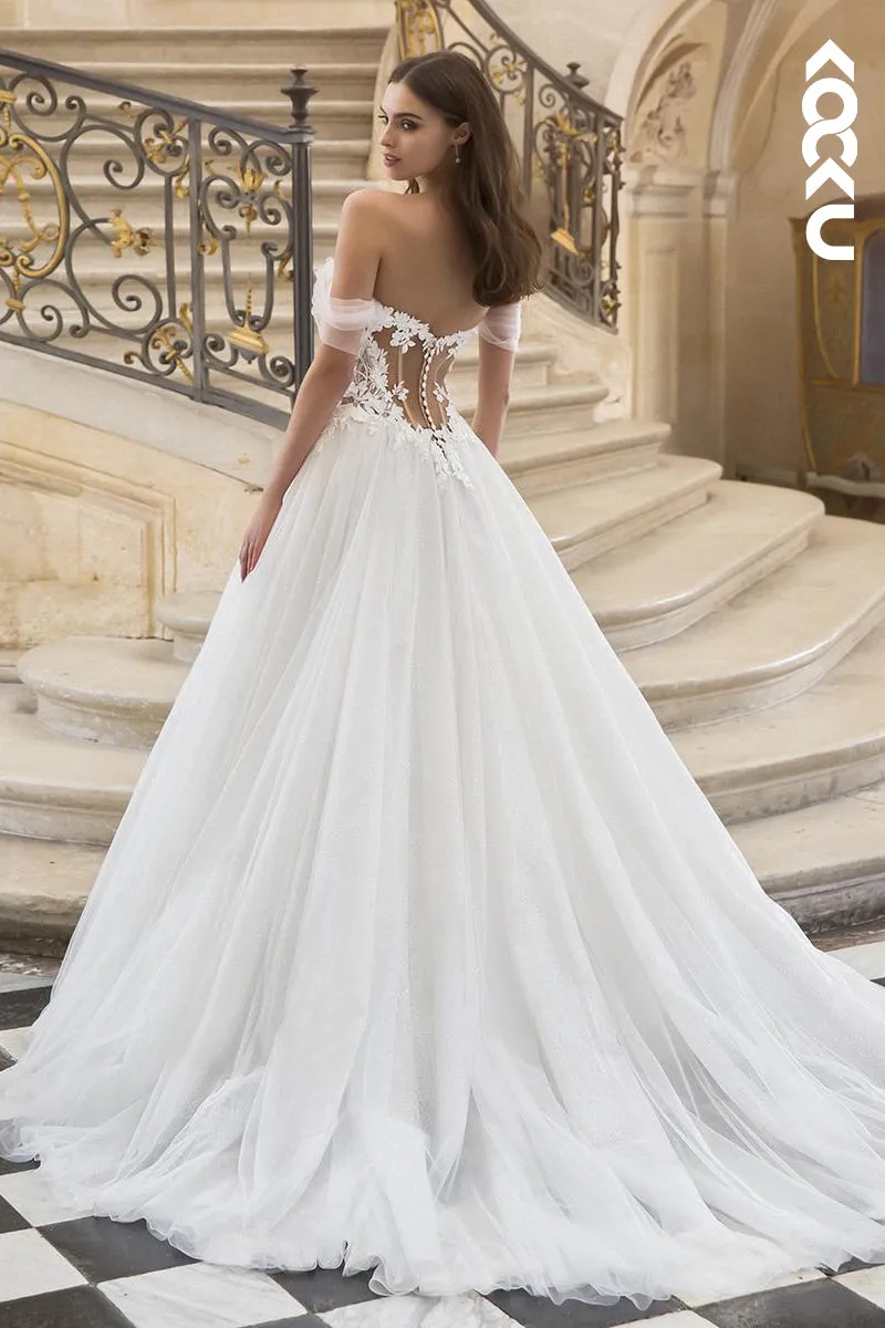 K1957 - Elegant Off-Shoulder Cap Sleeves A-line Applique Tulle Wedding Dress