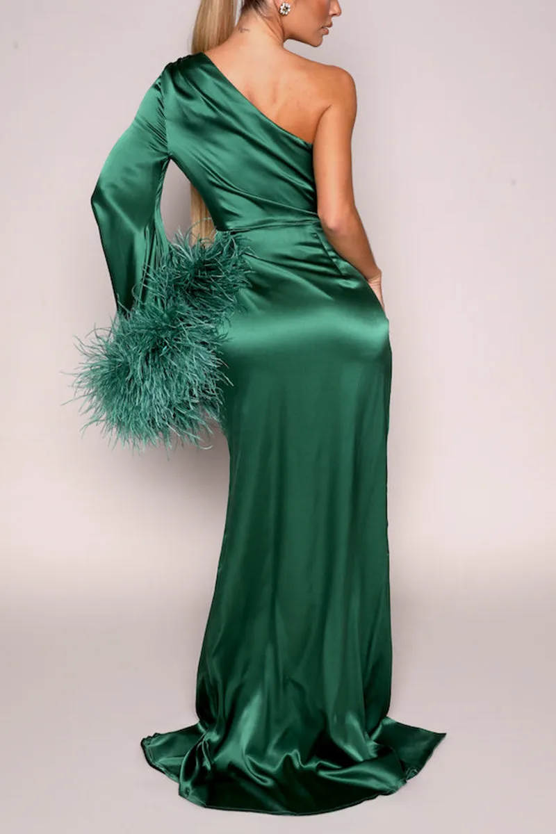 L1837 - One Shoulder Long Sleeves Feather Satin Sheath Long Formal Evening Gown