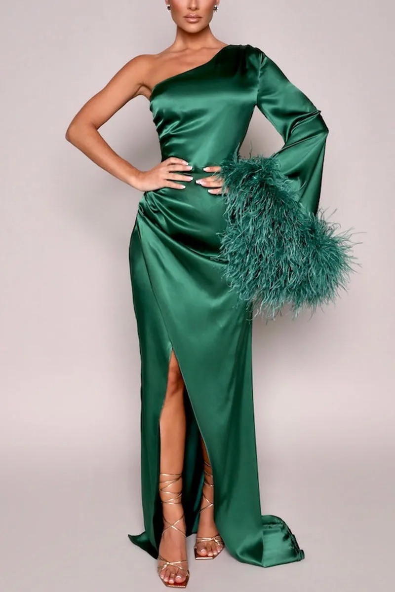 L1837 - One Shoulder Long Sleeves Feather Satin Sheath Long Formal Evening Gown