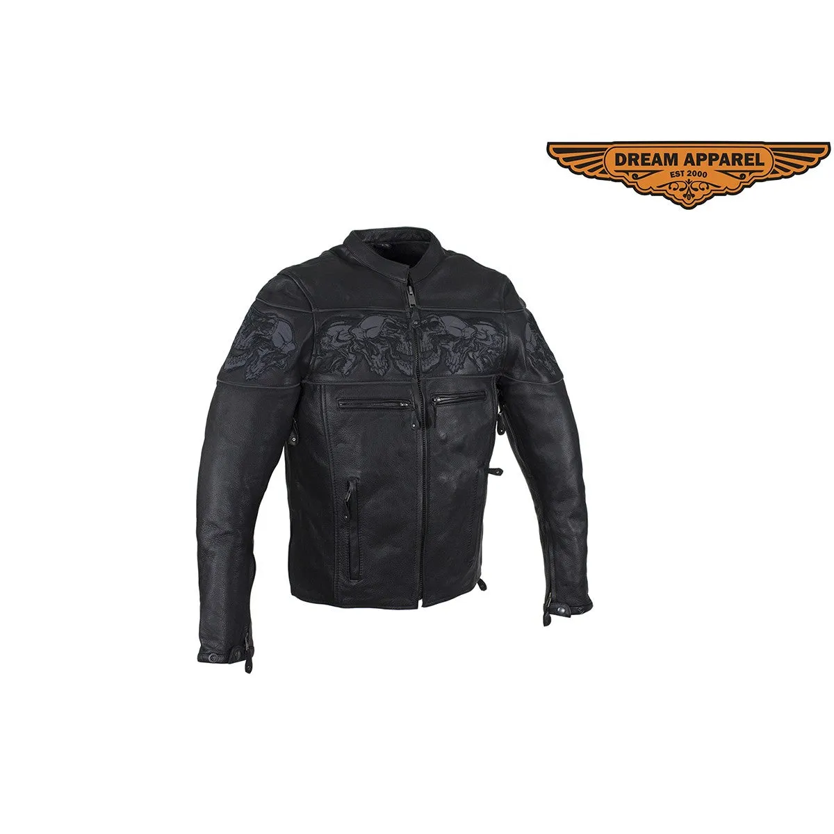 Leather Jacket With Sleek Collar and Reflective Skulls & Gun Pockets