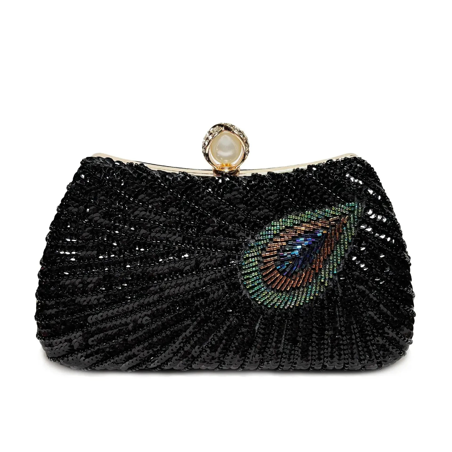 Peacock Feather Pearl Rhinestone Clutch Bag