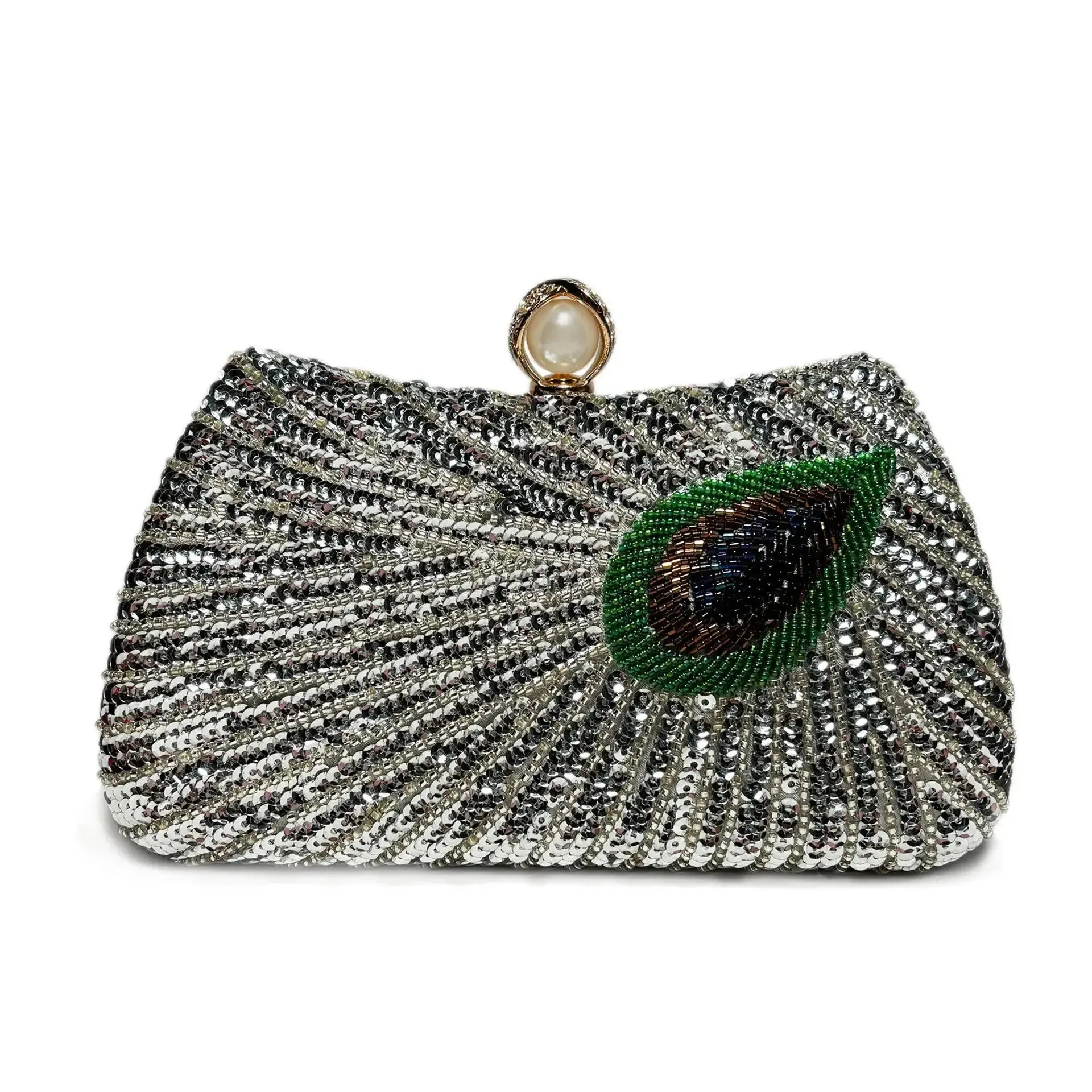 Peacock Feather Pearl Rhinestone Clutch Bag