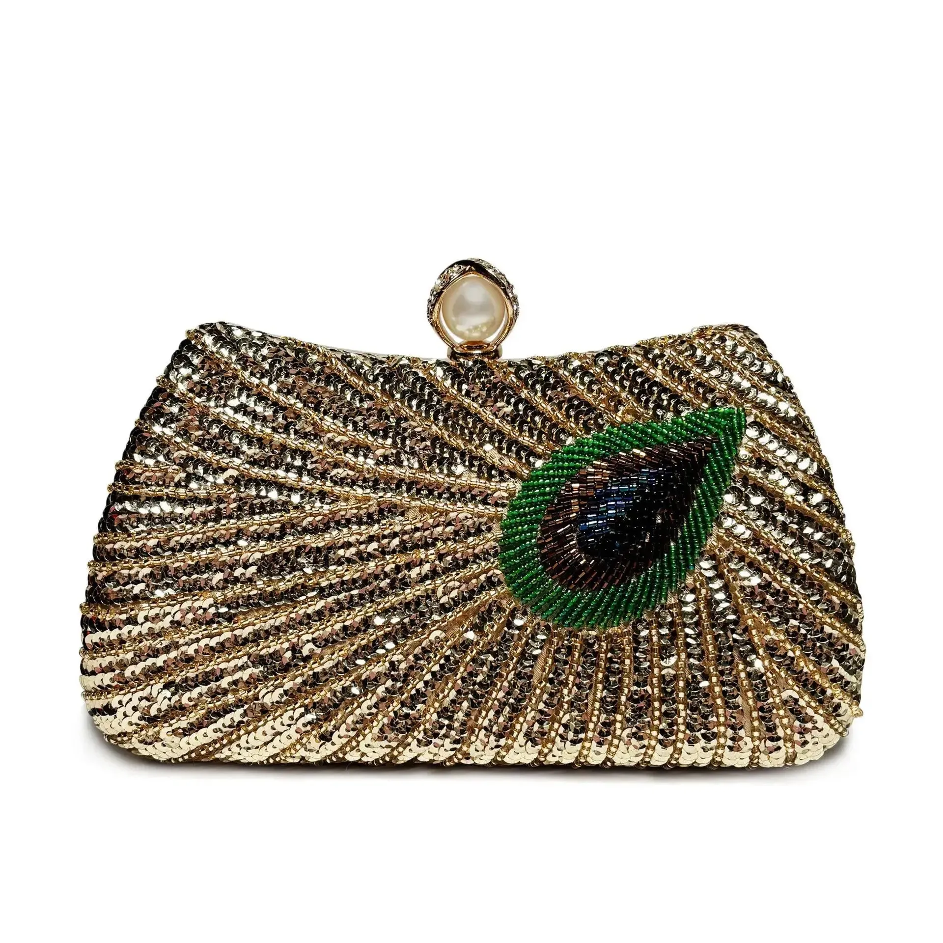 Peacock Feather Pearl Rhinestone Clutch Bag