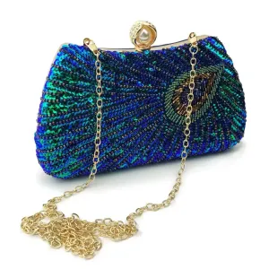 Peacock Feather Pearl Rhinestone Clutch Bag