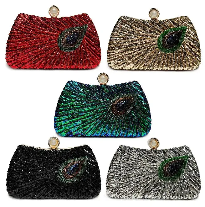 Peacock Feather Pearl Rhinestone Clutch Bag