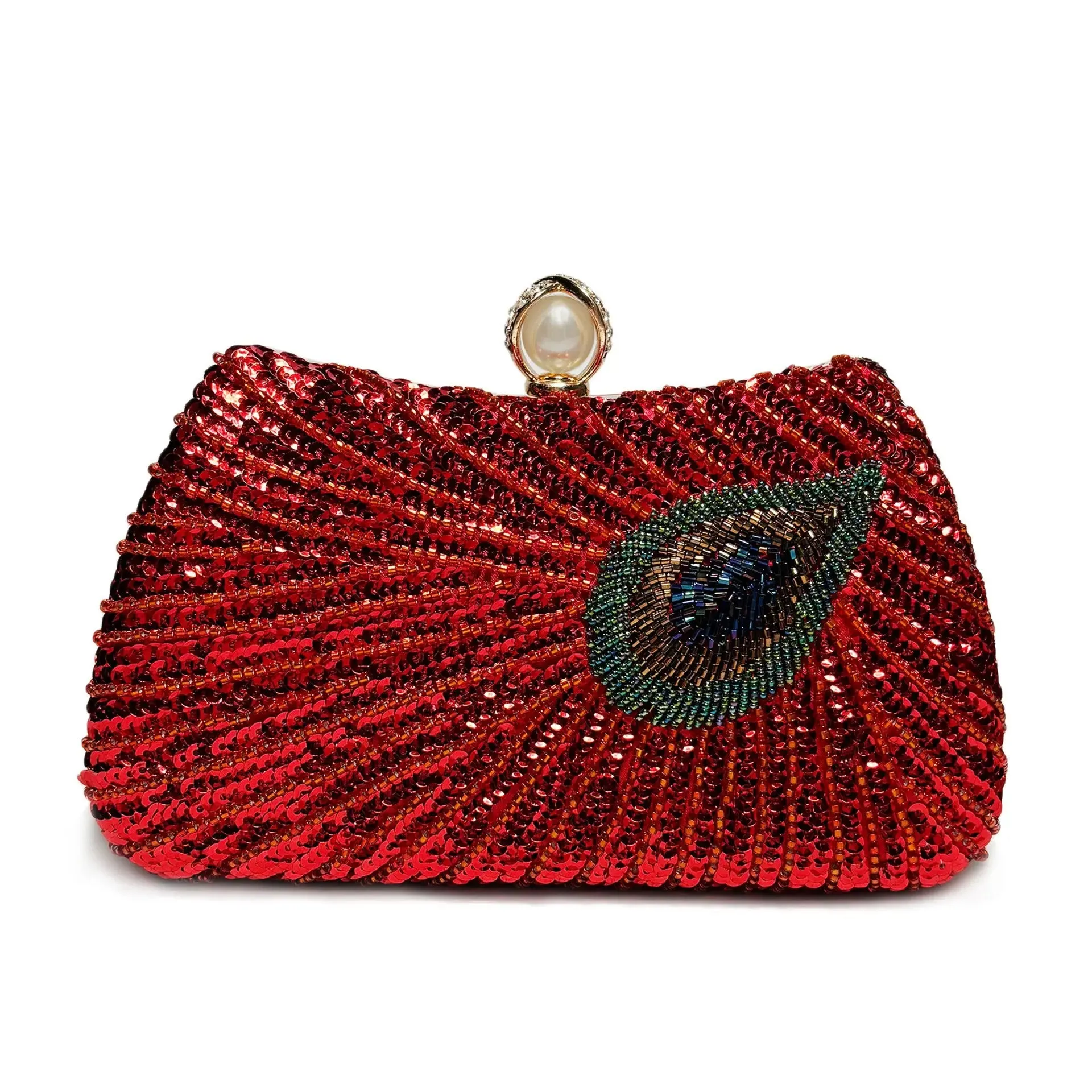 Peacock Feather Pearl Rhinestone Clutch Bag