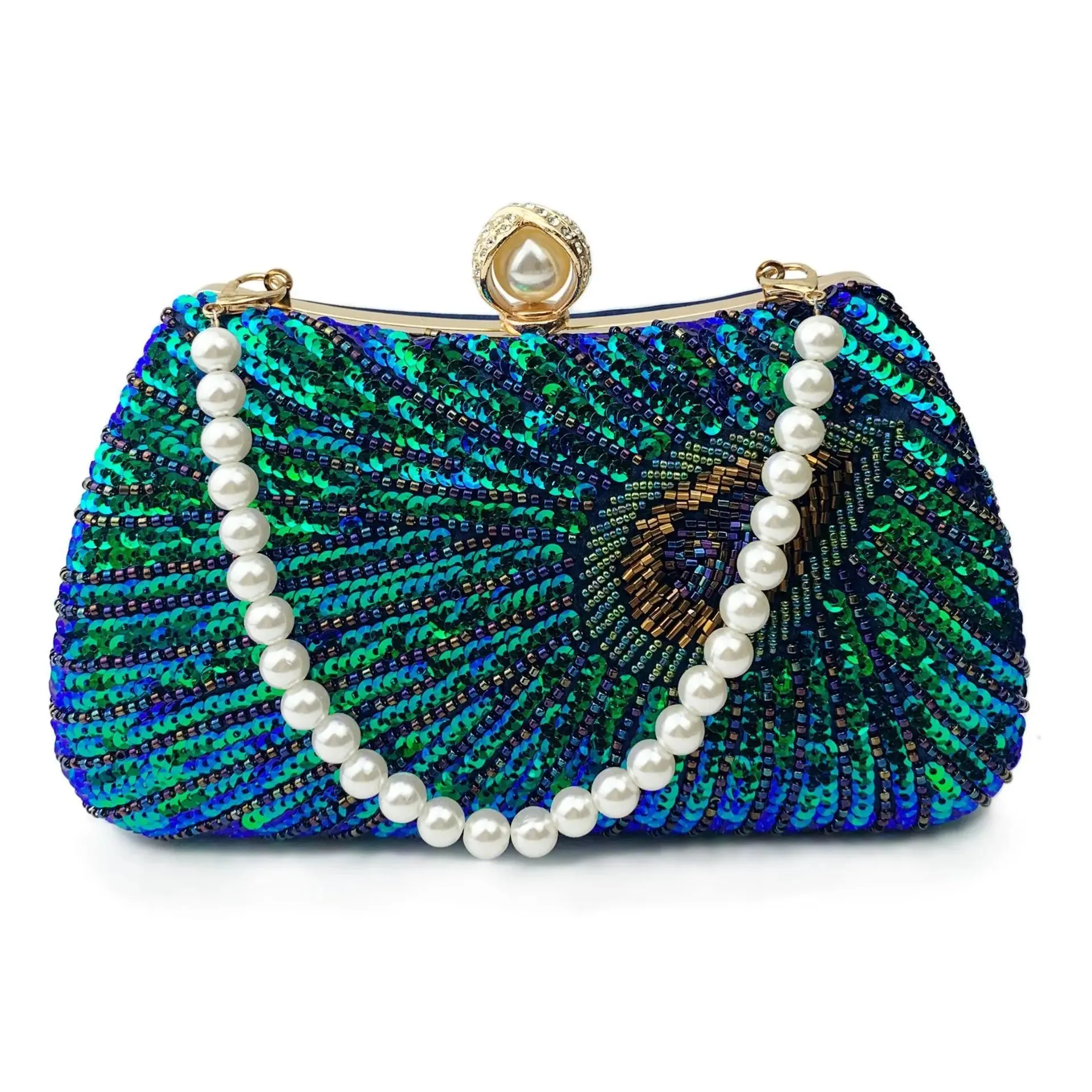 Peacock Feather Pearl Rhinestone Clutch Bag