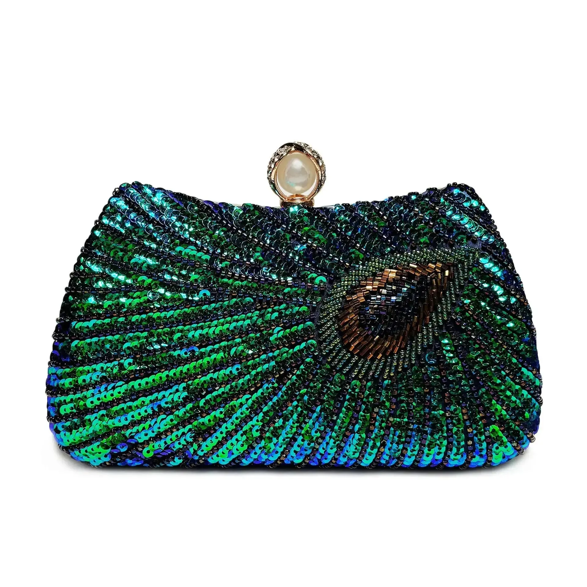 Peacock Feather Pearl Rhinestone Clutch Bag