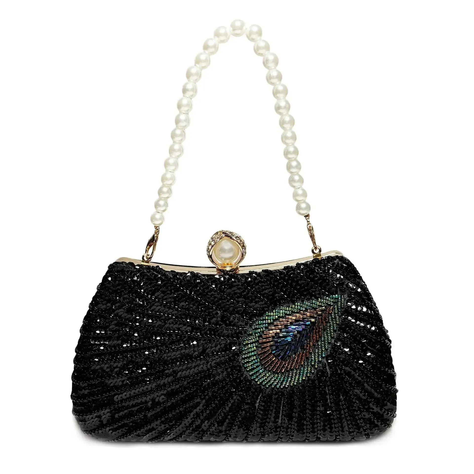 Peacock Feather Pearl Rhinestone Clutch Bag