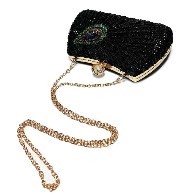 Peacock Feather Pearl Rhinestone Clutch Bag