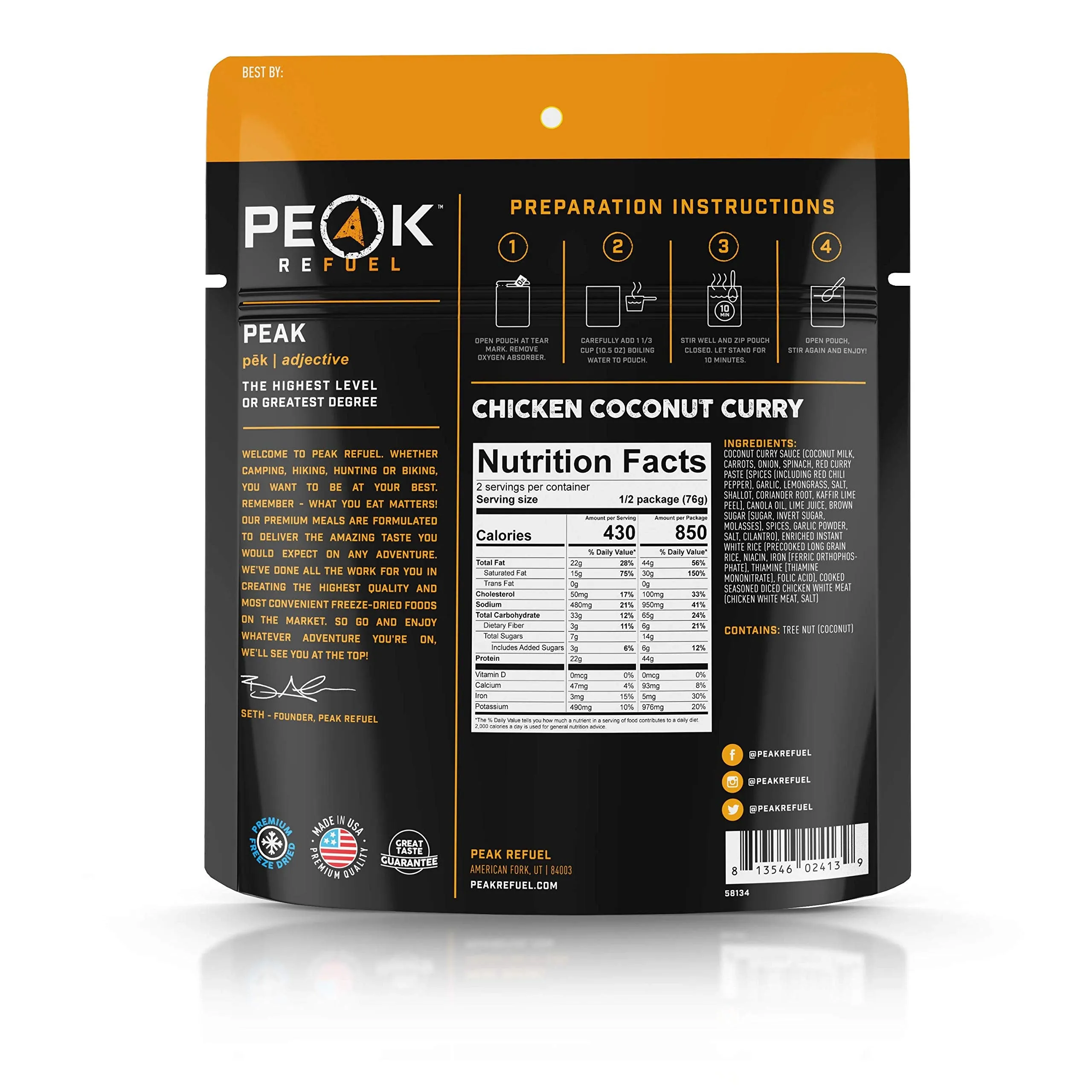 Peak Refuel Freeze-Dried Chicken Coconut Curry - 2 Serving Pouch