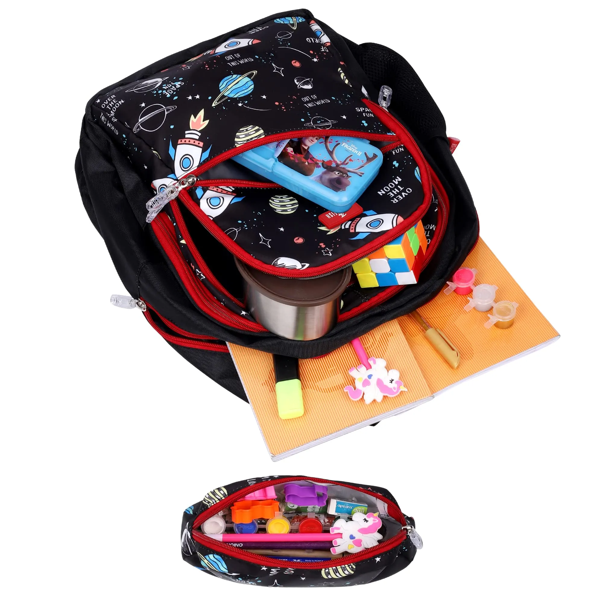 THE CLOWNFISH Brainbox Series Printed Polyester 30 L Standard Backpack With Pencil/Staionery Pouch School Bag Front Cross Zip Pocket Daypack Picnic Bag For Boys & Girls, Age 8-10 Years (Jet Black)