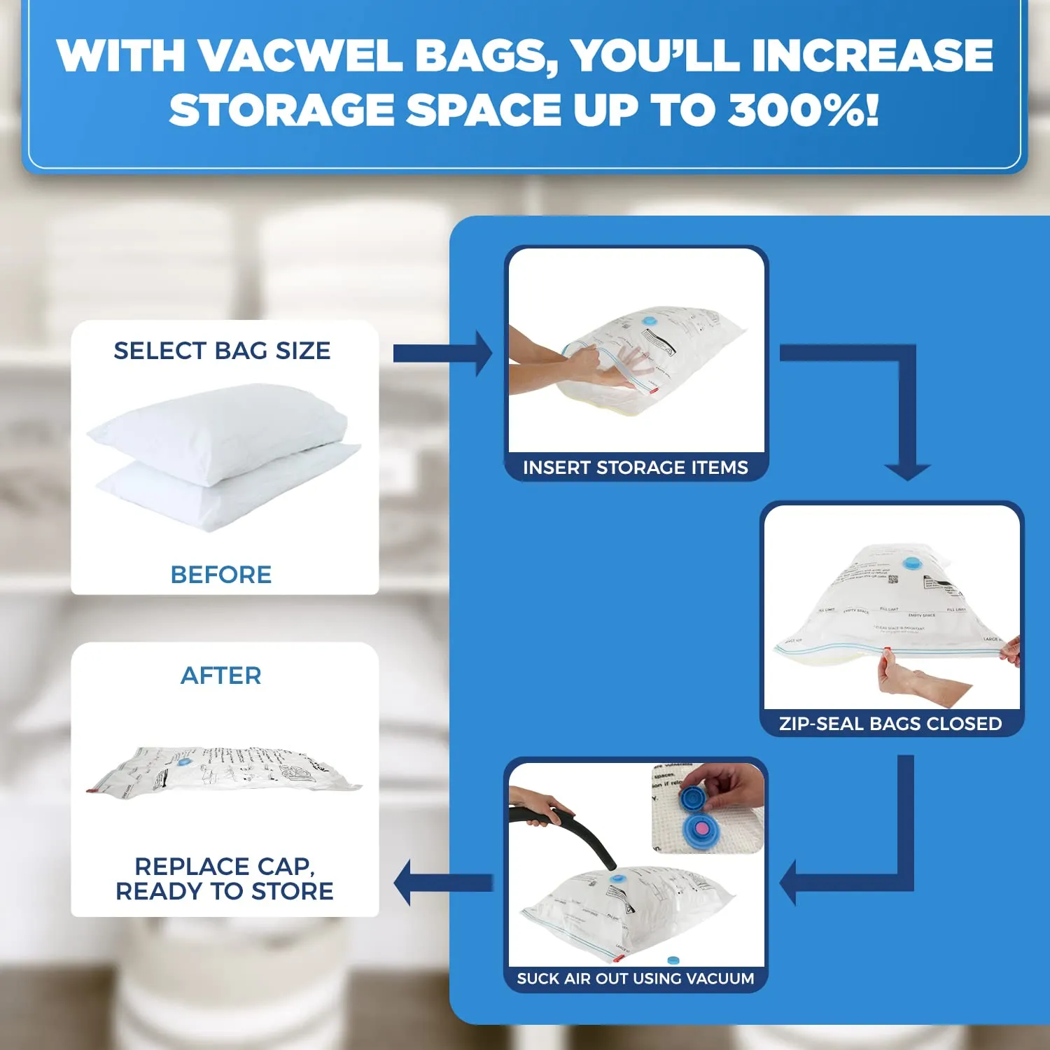 Vacwel 10-Pack Vacuum Storage Bags - 5 XXL (47x35in)   5 Jumbo (43x30in)